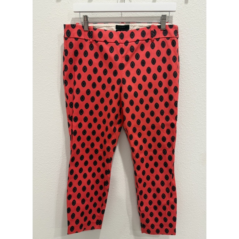 J. Crew Minnie Coral Pink Print Size 8 Straight Leg Mid Rise Side Zipper Stretch
